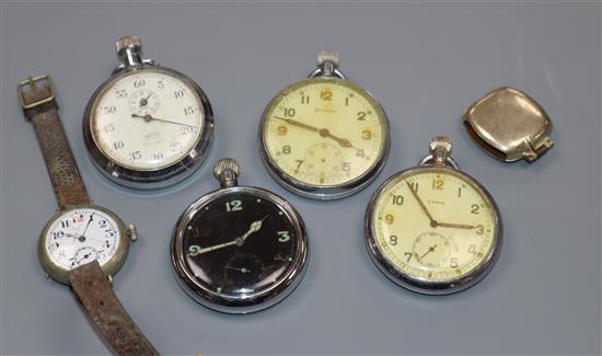 Three metal military pocket watches including Cyma, a military stopwatch and two wrist watches.